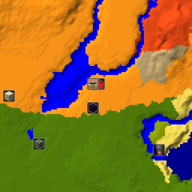 Overworld biome map of seed 1393324449629368 around spawn, with the village and ruined portal marked