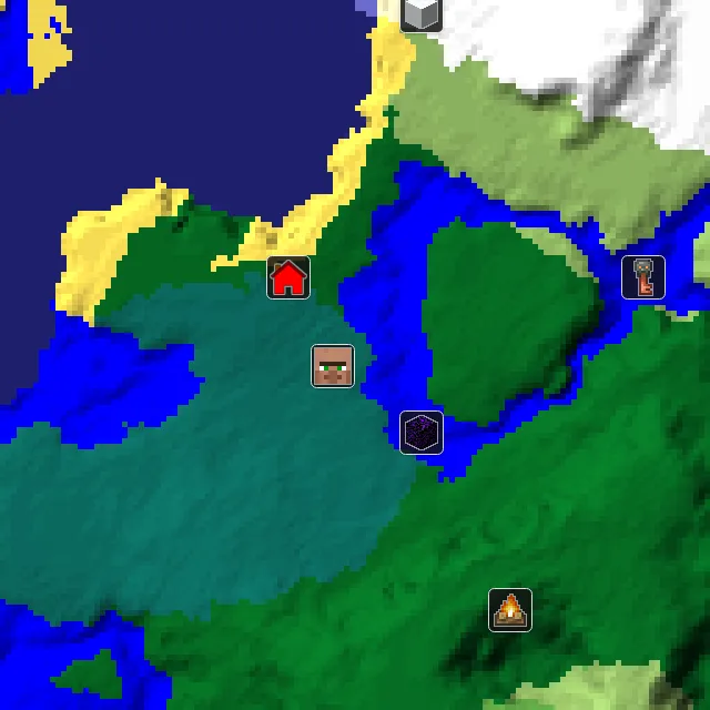 Overworld biome map of seed 1448753197383953 around spawn, with the village and ruined portal marked
