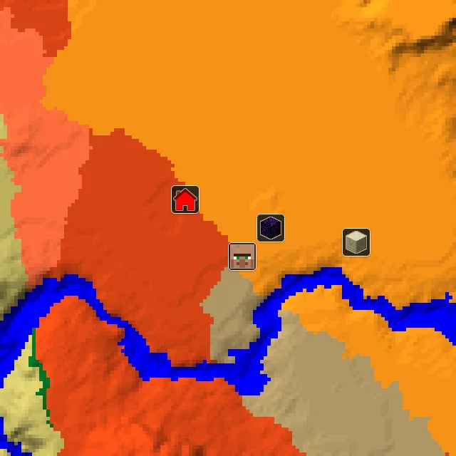 Overworld biome map of seed 197911054534065 around spawn, with the village and ruined portal marked