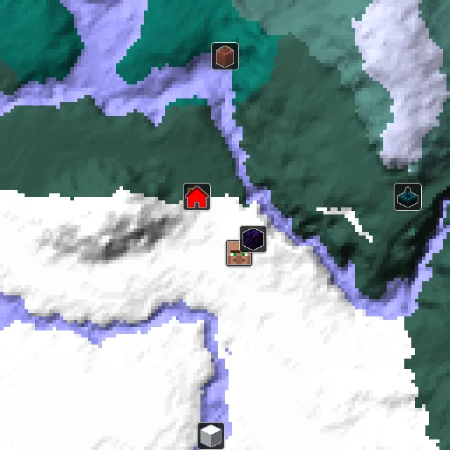 Overworld biome map of seed 613114469485949 around spawn, with the village and ruined portal marked