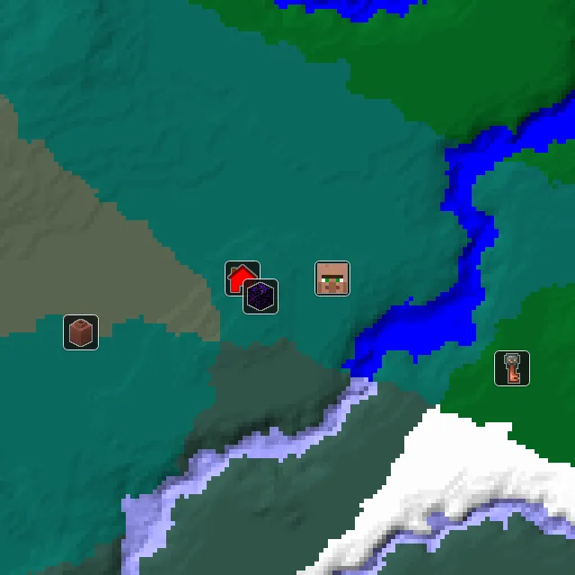 Overworld biome map of seed 667406256774050 around spawn, with the village and ruined portal marked