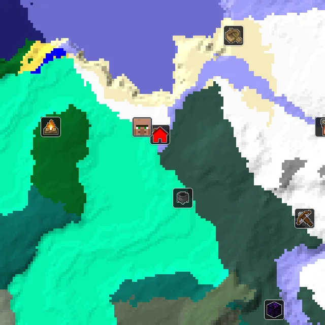 Overworld biome map of seed 146114360905246199 around spawn, with the village and swamp hut marked