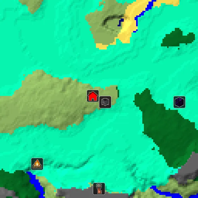 Overworld biome map of seed 1748729253401579425 around spawn, with the village and swamp hut marked
