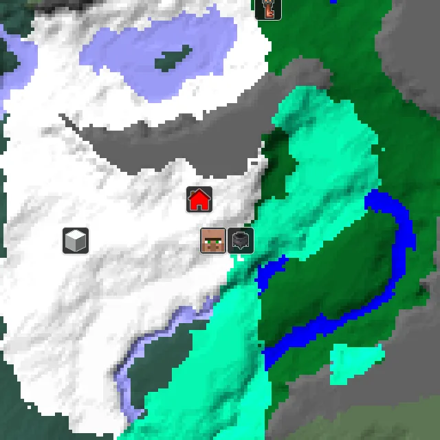 Overworld biome map of seed 221208994210622363 around spawn, with the village and swamp hut marked