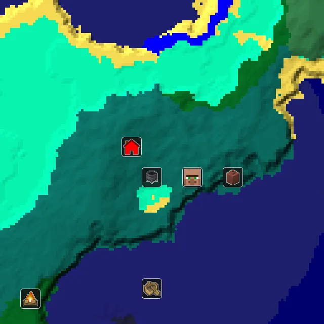 Overworld biome map of seed 258363691136428975 around spawn, with the village and swamp hut marked
