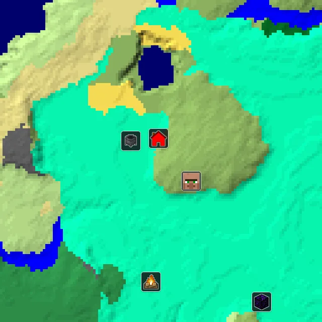 Overworld biome map of seed 27053392115671819 around spawn, with the village and swamp hut marked