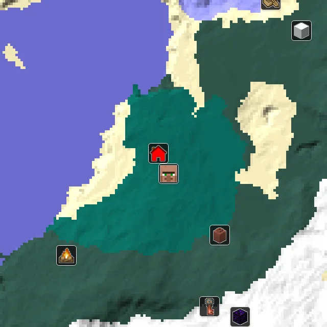Overworld biome map of seed 1658433229300290 around spawn, with the village marked