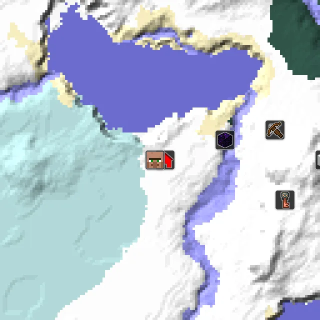 Overworld biome map of seed 200203700853529 around spawn, with the village marked