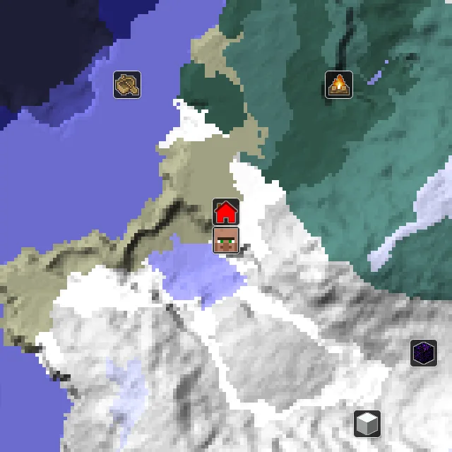 Overworld biome map of seed 287917627035206 around spawn, with the village marked