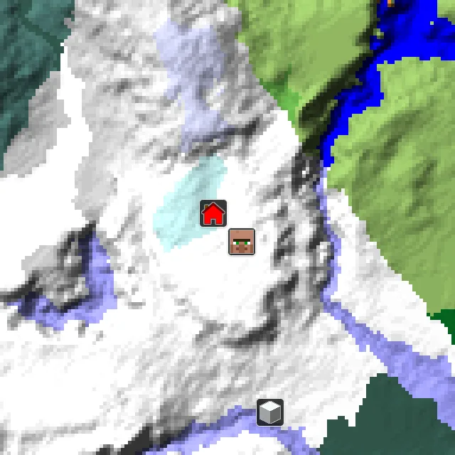 Overworld biome map of seed 485253609757631 around spawn, with the village marked