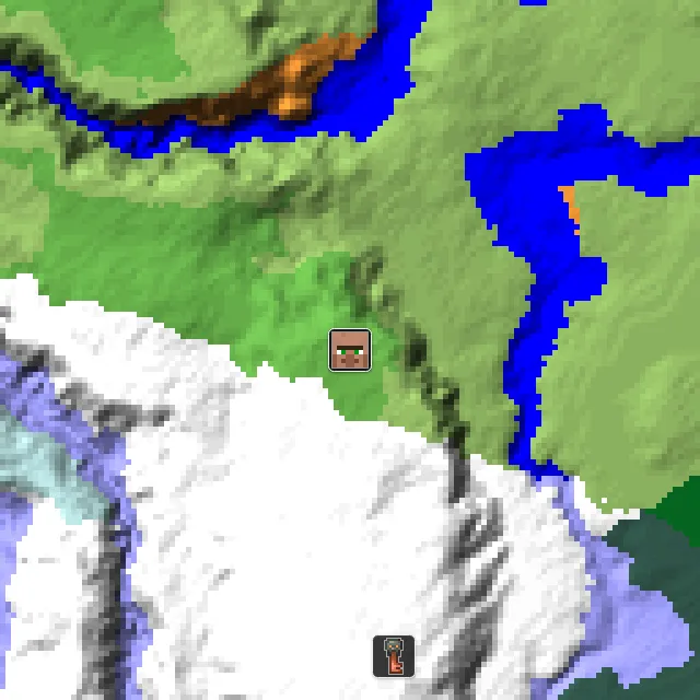 Overworld biome map of seed 841762255836736 around spawn, with the village marked