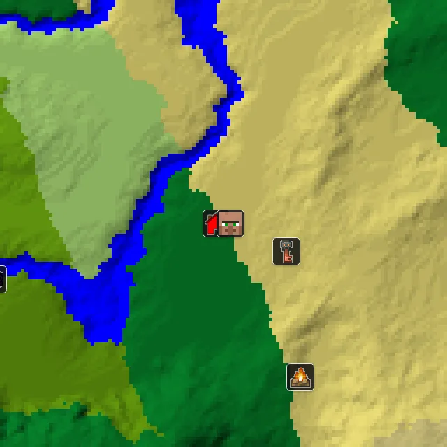 Overworld biome map of seed 98921779325618 around spawn, with the village marked