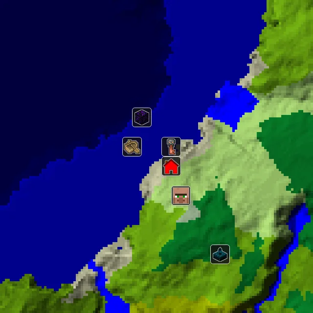 Overworld biome map of seed 13356518562158768 around spawn, with the village and shipwreck and ruined portal marked