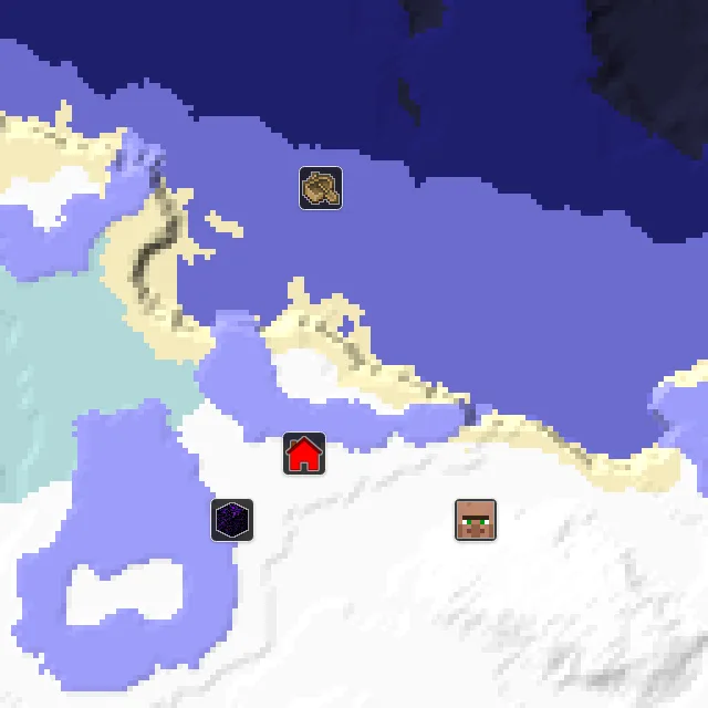 Overworld biome map of seed 17833430277517662 around spawn, with the village and shipwreck and ruined portal marked