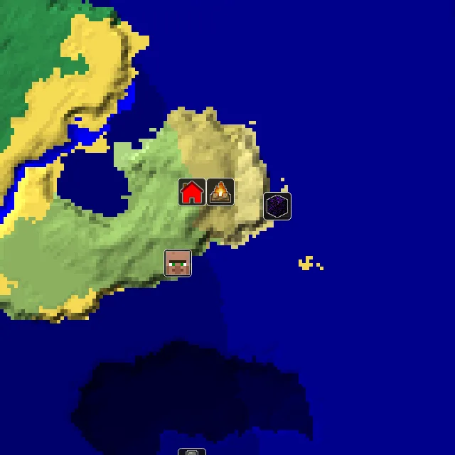 Overworld biome map of seed 2138578190124275 around spawn, with the village and shipwreck and ruined portal marked
