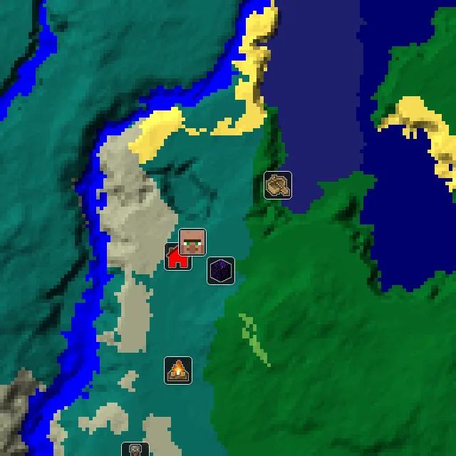 Overworld biome map of seed 22100628170373403 around spawn, with the village and shipwreck and ruined portal marked