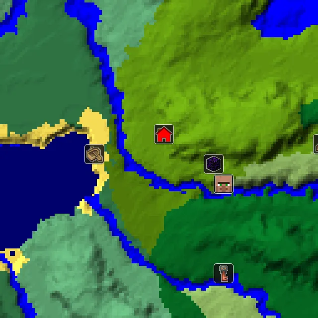 Overworld biome map of seed 6161254073401392 around spawn, with the village and shipwreck and ruined portal marked