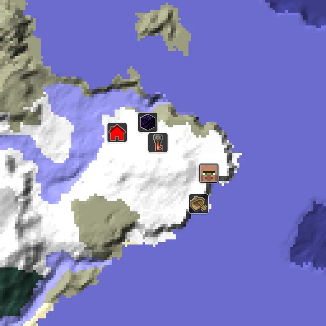 Overworld biome map of seed 6656936858446620 around spawn, with the village and shipwreck and ruined portal marked