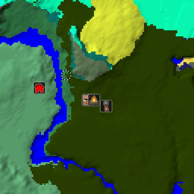 Overworld biome map of seed 1835990232658953 around spawn at Y 0, with the village and lush caves marked