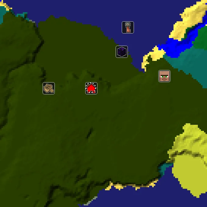 Overworld biome map of seed 2311978434985311 around spawn at Y 0, with the village and lush caves marked
