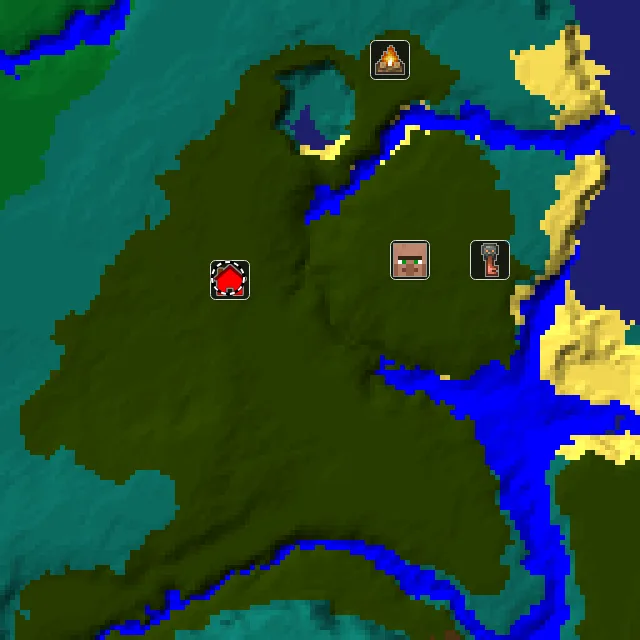 Overworld biome map of seed 2865822087765634 around spawn at Y 0, with the village and lush caves marked