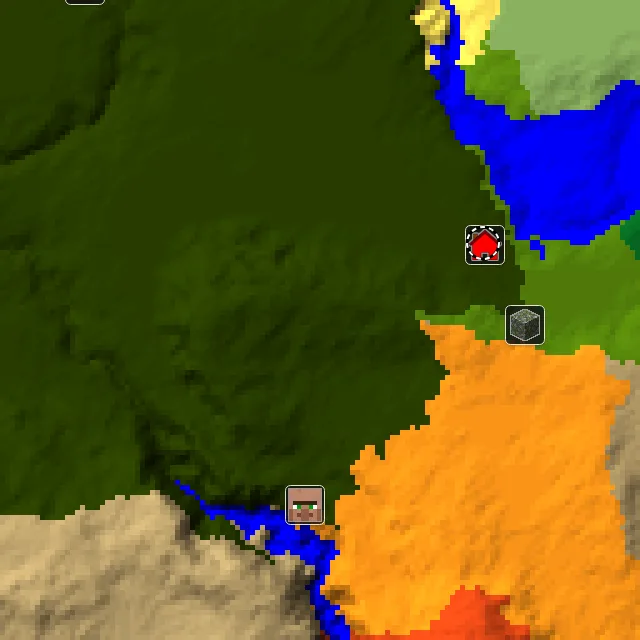 Overworld biome map of seed 3216445092173685 around spawn at Y 0, with the village and lush caves marked