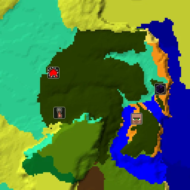 Overworld biome map of seed 5838641044221633 around spawn at Y 0, with the village and lush caves marked