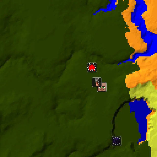 Overworld biome map of seed 707389573096835 around spawn at Y 0, with the village and lush caves marked